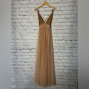 Long formal pink sequin and toole dress